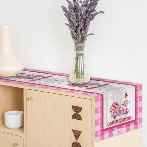Nialnant Valentines Day Table Runner, Pink Truck Table Runners for Kitchen Family Dinner Table Holiday Farmhouse Home Valentines Day Decoration, Buffalo Check Heart Pattern - 13 x 72 Inch