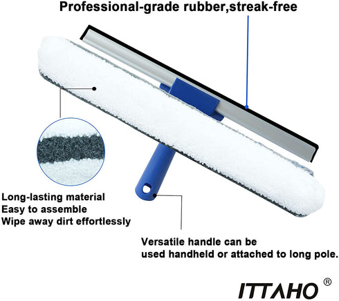 ITTAHO All Purpose Window Squeegee, with 58" Stainless Steel Long Handle and 2 Pcs Microfiber Scrubber Sleeve, 12" Squeegee for Window Cleaning, Car Window, Hard-to-Reach Areas Cleaning Tool