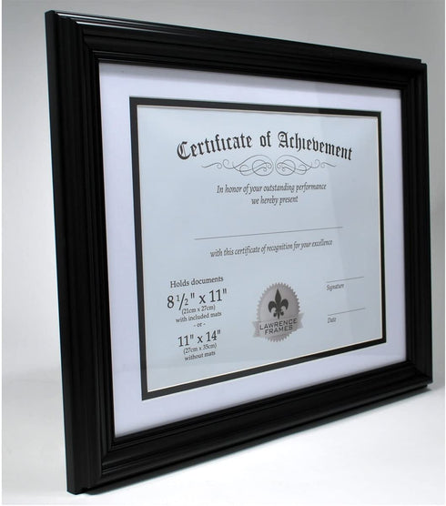 Lawrence Frames Dual Use 11 by 14-Inch Certificate Picture Frame with Double Bevel Cut Matting for 8.5 by 11-Inch Document, Black