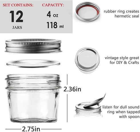 Small Mason Jars 4 oz - 12 Pack Glass Canning Jars with Regular Airtight Lids and Bands, Mini Clear Mason Jars for Preserving, Honey, Jam, Baby Food, Kitchen Spices, Tea, DIY Projects, Dishwasher Safe