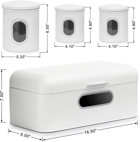 Deppon Stainless Steel Bread Box and 3-Piece Airtight Canister Set, Large Capacity with Clear Window for Kitchen Counter, White