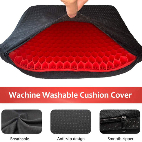 Gel Seat Cushion Double Thick Gel Support Cushions, Breathable Honeycomb Chair Mats Wheelchair Pads for Back Pain, Tailbone, Coccyx, Pressure Sores and Sciatica Relief (Red)