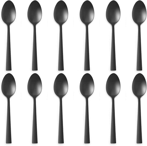 Matte Black Dinner Spoons Set of 12, E-far 7.9 Inch Stainless Steel Soup Spoons Tablespoons for Home, Kitchen or Restaurant, Non-toxic & Mirror Polished, Squared Edge & Dishwasher Safe