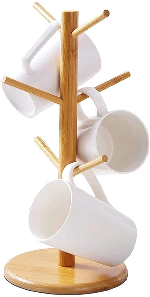 Bamboo Mug Holder Tree, Coffee Mug Rack, Hanging Coffee Cup Holder for Counter, Coffee Bar Organizer Accessories, Coffee Stands for Kitchen, Tea Cup Holder with 6 Hooks Mug Storage Shelf (1 Pack)