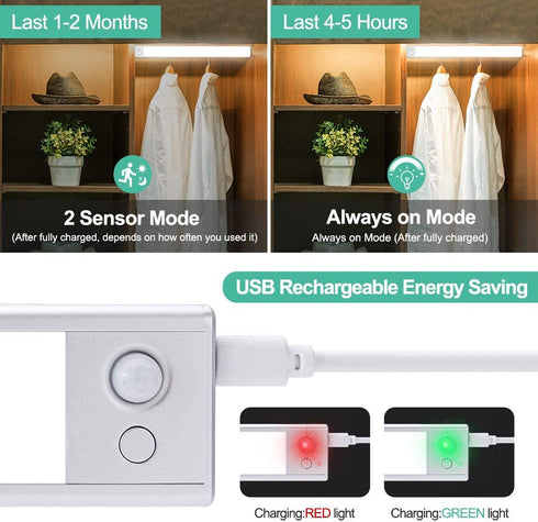 LED Motion Sensor Light Indoor: Rechargeable 140 LED Dimmable Closet Lights Wireless Stick on Under Cabinet Lighting with 3 Color Option | Battery Operated Night Lights for Bedroom Stairs Wardrobe