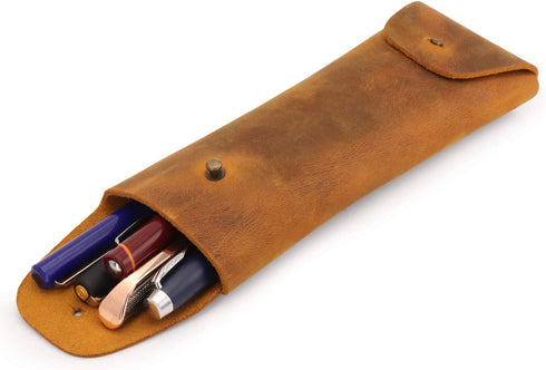 Londo Genuine Leather Retro Pen and Pencil Case - Metal Snap Fastener, Pencil Pouch Stationery Bag