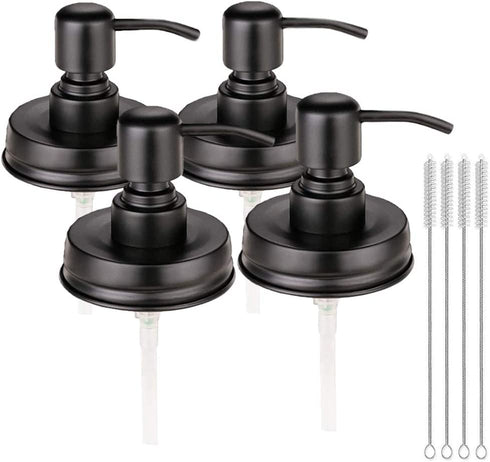 4 Pack Mason Jar Soap Dispenser Lids with Pumps, Rustproof Stainless Steel, Lotion Soap Dispenser Lids Replacement for 16 oz Regular Mouth Mason Jar Decor, 4 Brushes Included