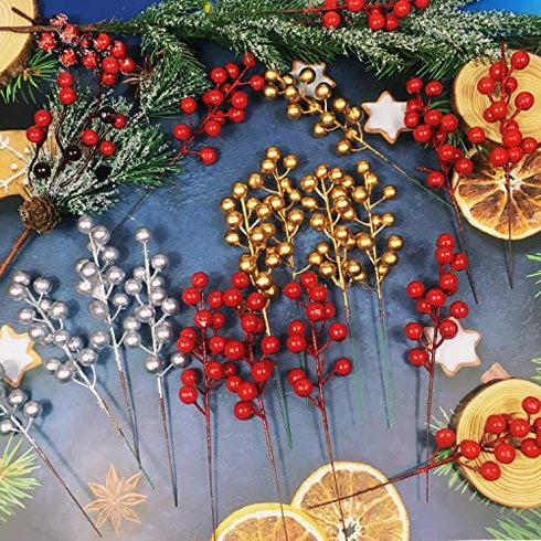 24 pcs Christmas Berries Stems Artificial Berry Stems for Christmas Tree Ornaments Crafts Holiday and Home Decor (Silver)