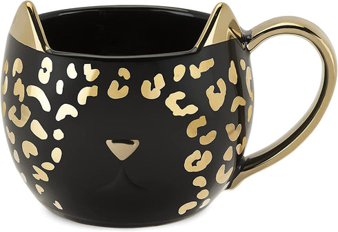 Pinky Up Chloe Leopard Cat Mug, 12 Oz Coffee Cup, Tea Kettle Accessory, Ceramic Black with Metallic Leopard Finish