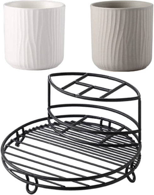 Toothbrush Holder Black for Bathroom Tooth Cup and Electric Toothbrush Organizers and Storage Toothpaste Stand Rack Set Included 3 Toothbrush Slots and 2 Ceramic Bathroom Tooth Cups