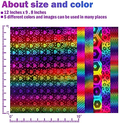 Holographic Rainbow Adhesive Vinyl Roll 6 Sheets 12" x 10" Metallic Glitter Permanent Craft Vinyl Sheets Strips Adhesive Printed Vinyl for DIY Gifts Signs Crafts Easy to Cut & Weed