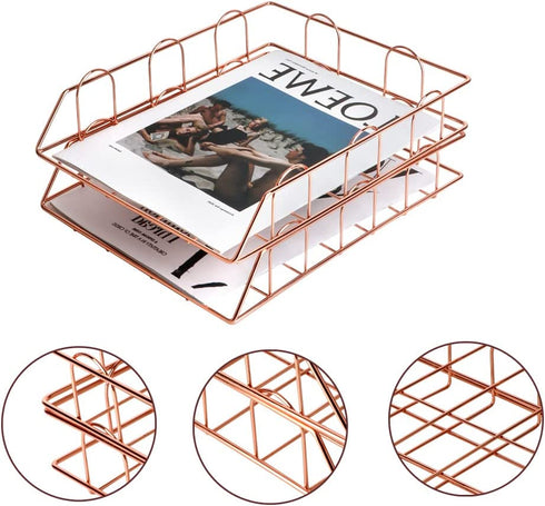 Letter Trays Stacking Supports , Stackable Paper Tray Mesh Collection,Desk File Organizer,Wide Desk File Document for School Home Office Supplies (Rose-Gold)