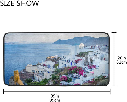 Santorini Village Greece Island Sea Kitchen Mats Indoor Outdoor Doormat Non Slip Kitchen Rug Comfort Small Floor Mat for Home, 39" x 20"