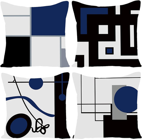 WILPROO Black Dark Blue Geometric Decorative Cushion Pillow Covers Set of 4 18" x 18" Modern Geometric Grey Black and Red Grid Stripe Decor Irregular with Hidden Zipper Home for Couch Bed