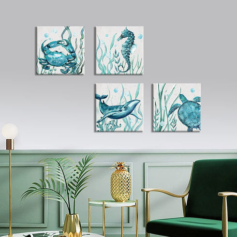 Blue Wall Art Kids Room Decor Whale Seahorse Turtle Crab Pictures Canvas Prints For Home Bedroom Bathroom Decoration Boho Ocean Beach Theme Navy Sea Animals Turquoise Paintings Artwork Children Gift 4 Panels