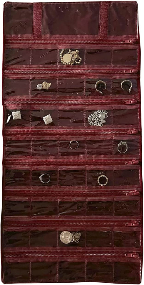 UnionPlus Travel Jewelry Case Roll Bag Organizer for Necklace Bracelet Earrings Ring, 29 Zipped Grids with PVC Cover, Burgundy