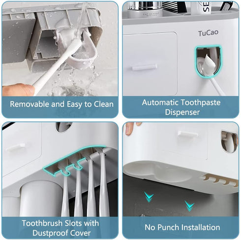 TuCao Automatic Toothpaste Dispenser Squeezer Kit with Toothbrush Holder Wall Mounted, 6 Toothbrush Slot with Cover, 2 Magnetic Cups and Cosmetic Organizer Drawer(2 Cups)
