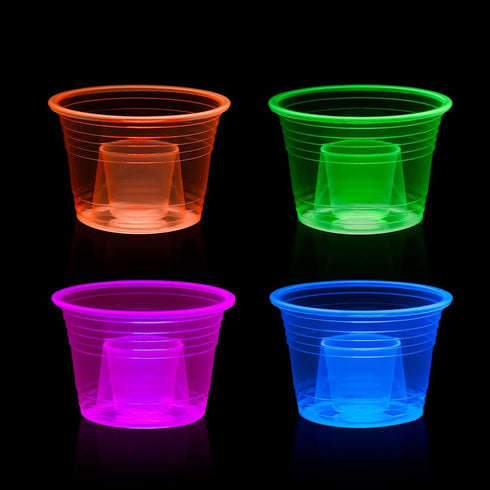 Party Essentials Disposable Soft Plastic Bomber Cups, Jager Bomb Shot Glasses, 3 Oz., 50 Count, Assorted Neon