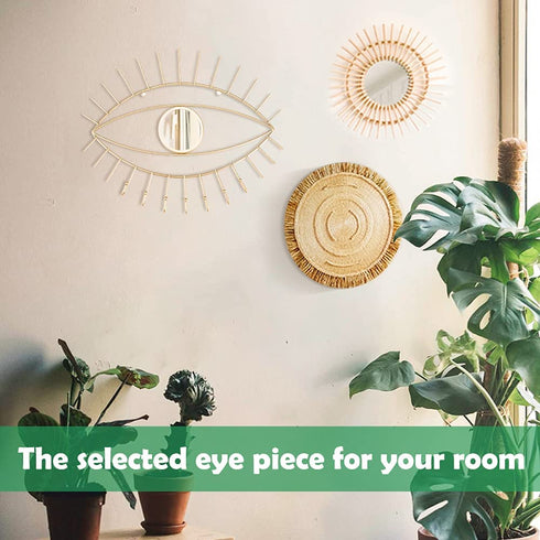 Urban Deco Eye Shaped Wall Mounted Jewelry Organizer Mirror with 7 Necklace Hooks, Evil Eye Mirror Wall D©cor, Metal Jewelry Holder Gold Necklace Holder Organizer