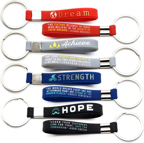 (12-pack) Inspirational Quote Keychains - Dream, Achieve, Strength, Hope - Wholesale Bulk Pack of 1 Dozen Silicone Rubber Key Rings with Motivational Quotes - Party Favors Gifts for Adults Men Women