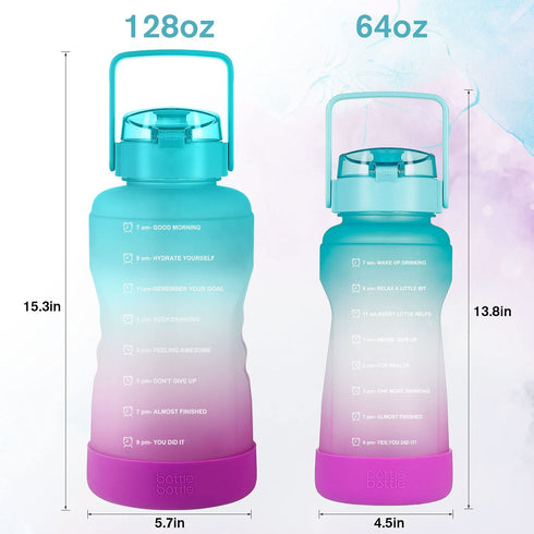 BOTTLE BOTTLE Half Gallon/64 oz Water Bottle with Straw Big Handle Protective Silicone Boot Sports Water Bottle with Time Marker Leak Proof Reusable Water Jug for Adult and Kids (blue purple)