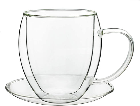 Creano Double Wall Glass Mugs 9 OZ with Handle and Saucer, Insulated Cup - 2X 9oz (250ml)