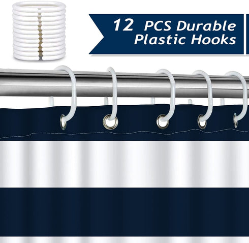 Bonhause Navy Blue Stripe Shower Curtain with 12 Hooks Nautical Anchor Decorative Bath Curtain 72 x 72 Inch Polyester Fabric Waterproof Bathroom Curtain