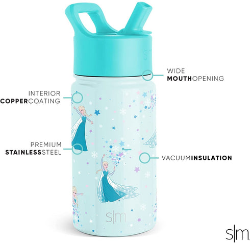 Simple Modern Disney Elsa Kids Water Bottle with Straw Lid | Reusable Insulated Stainless Steel Cup for School | Summit Collection | 14oz, Frozen Elsa's Snowflake
