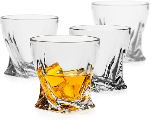 LUXU Whiskey Glasses(Set of 4)-10 oz Twisted Scotch Glasses,Premium Old Fashioned Glasses,Clear Crystal Bourbon Rock Glasses,Large Bar Glasses,Unique Glassware Tumblers for Cocktails