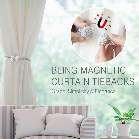 Bling Magnetic Curtain Tiebacks, Decorative Curtain Holdbacks, Crystal Tie Backs for Curtains, Curtain Holders for Window Draperies - 16 inch, Grace, Simplicity & Elegance (Silver, 4)