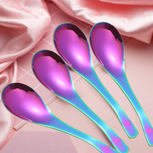 JYJFGSFA Chinese Metal Soup Spoons and Chopsticks Set for 4 People, Reusable Stainless Steel Ramen Short Handle Spoon Set Asian, Christmas Gift Dishwasher Safe (Rainbow) (JYKS)