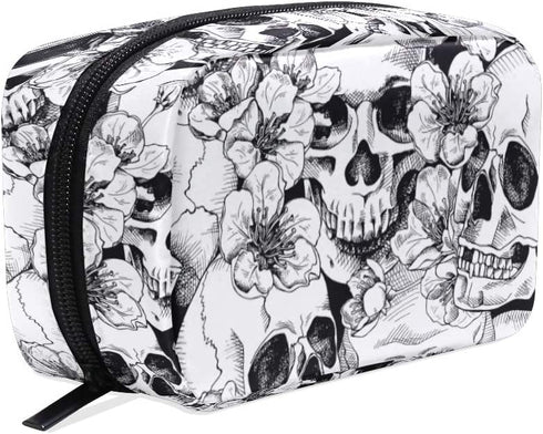 ZOEO Makeup Pouch Sugar Skull Mexican Floral Halloween Mini Makeup Bag Organizer Travel Zip Toiletry Bag Small Cosmetic Train Case Beauty Bag for Teens Girls Women Black White