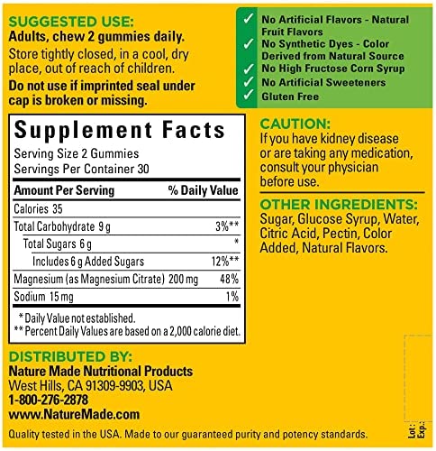 Nature Made High Absorption Magnesium Citrate 200 mg per serving, Dietary Supplement for Muscle, Nerve, Bone and Heart Support, 60 Gummies, 30 Day Supply