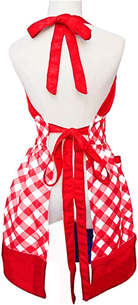 Vintage Cute Women Cotton Cooking Plus Size Retro Bib Kitchen Apron with Extra Ties & Pockets 22×30 inch