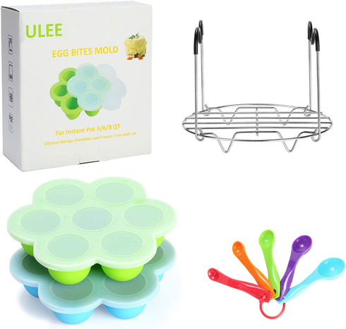 Silicone Egg Bites Molds for Instant Pot Accessories 6 Qt 8 Quart, Including Steamer Rack Trivet with Heat Resistant Handles, 5-Piece Measuring Spoons as Bonus, Sous Vide Egg Poachers