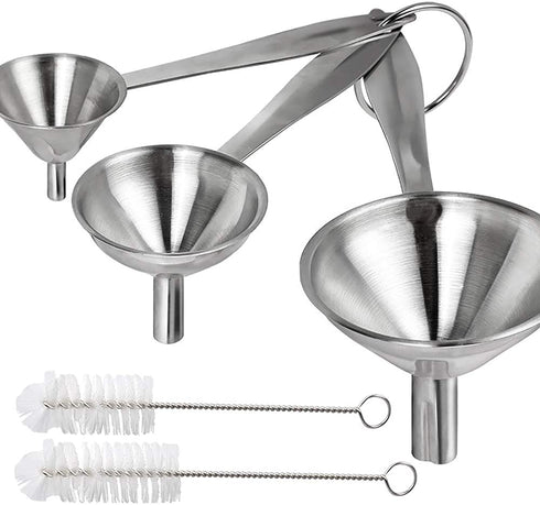 Funnels for Kitchen Use, YGDZ 3pcs Metal Stainless Steel Funnels Set, Small Mini Kitchen Funnels for Filling Bottles Liquid Essential Oils, 2pcs Cleaning Brushes