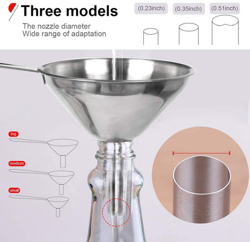 Funnels for Kitchen Use, YGDZ 3pcs Metal Stainless Steel Funnels Set, Small Mini Kitchen Funnels for Filling Bottles Liquid Essential Oils, 2pcs Cleaning Brushes