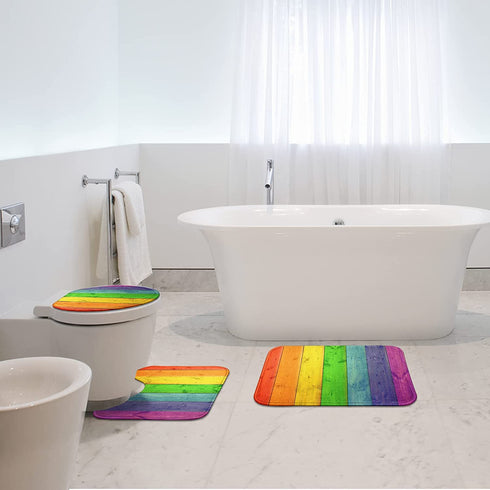Britimes Bathroom Rug Set of 3, 3 Pieces Bath Mats Set for Bathroom, Rainbow Wood Plank Texture No Silp Washable Cover Floor Rug Decorations for Kitchen Bathroom Bedroom