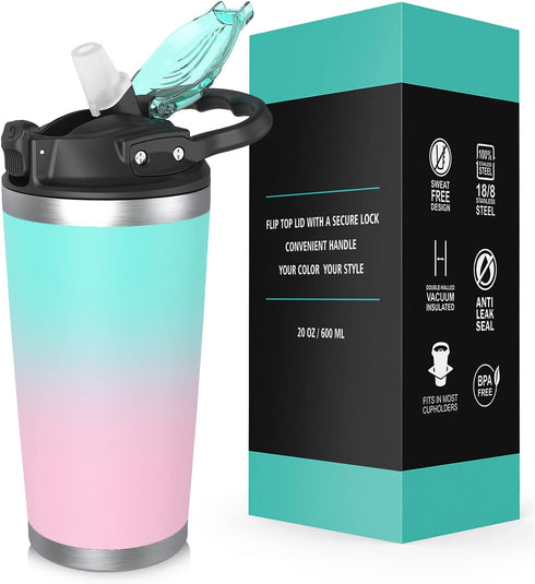 physiuo Stainless Steel Tumbler with Lid and Straw 20oz, Vacuum Insulated Coffee Tumbler Cup, Travel Coffee Mug, Double Wall Travel Mug with Splash Proof Lid, Ombre