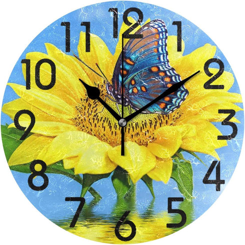 Naanle Chic Beautiful Sunflower Blue Butterfly Round Wall Clock, 9.5 Inch Battery Operated Quartz Analog Quiet Desk Clock for Home,Kitchen,Office,School