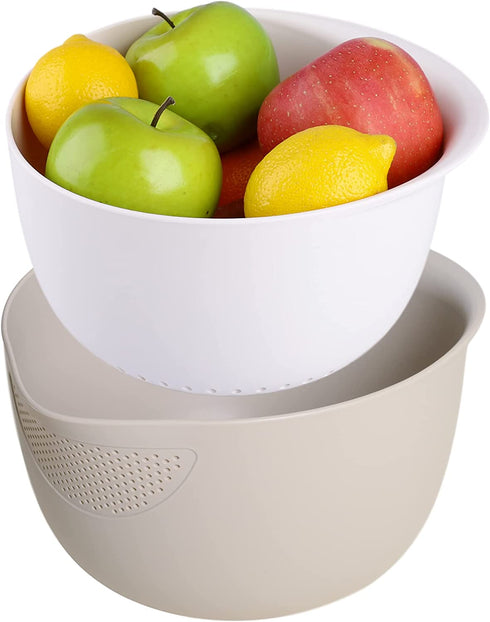 BLUE GINKGO Rice Strainer and Kitchen Colander Set - Strain Rice, Quinoa and Small Grains - Soak, Wash and Drain Vegetables and Fruit - (4 Quart Bowl) Cream and Limestone