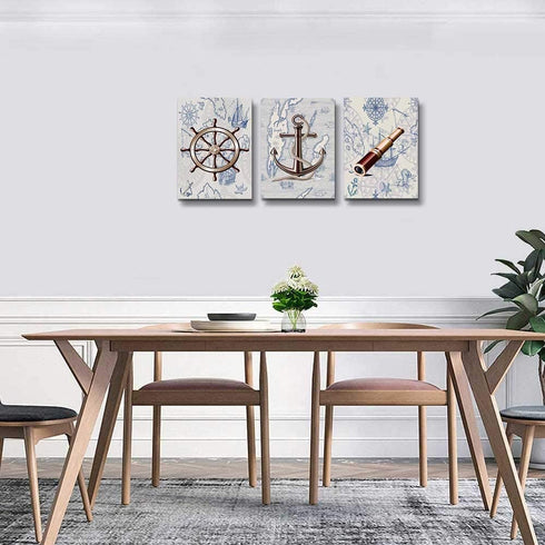 ocean theme steering wheel telescope ship pendant Canvas Prints bathroom Wall Art for Bedroom Wall decor Artworks Pictures wall decorations for living room,3 piece Home decor kitchen wall paintings