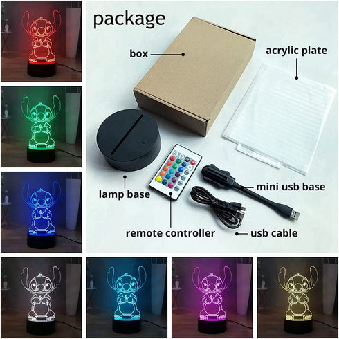 Laysinly Stitch LED Night Light, Stitch 7 Colors 3D Acrylic Table Lamp, Child Bedroom Sleeping Night Lamp Decor Light, USB Remote Control Home Desk Lamp, Baby Kids Teen Lighting (Stitch)