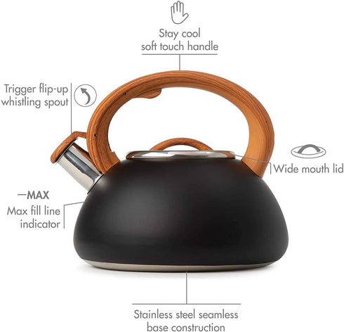 Primula Avalon Whistling Stovetop Tea Kettle Food Grade Stainless Steel Hot Water, Fast to Boil, Cool Touch Handle, 2.5 Quart, Black