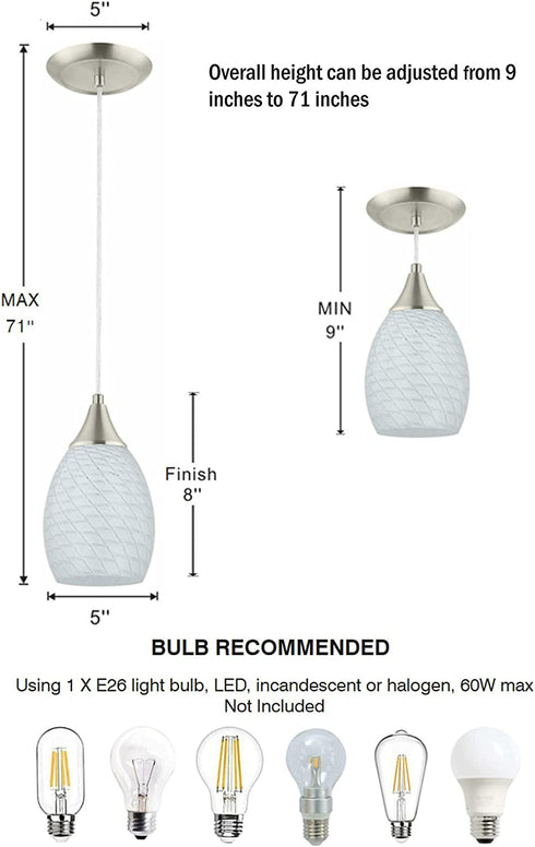 Glassland Pendant Light, 1 Light Kitchen Lighting in Brushed Nickel with White Glass, ETL Listed
