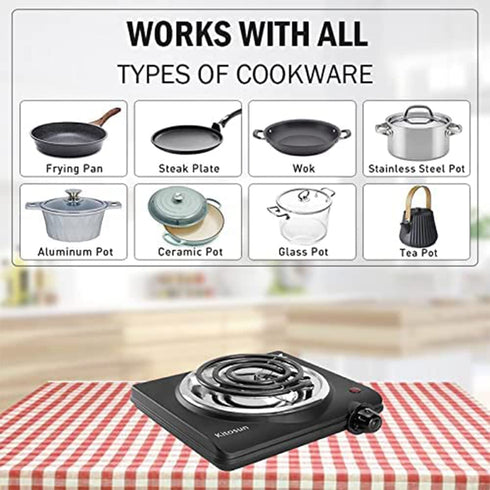Single Hot Plate Charcoal Coal Burner Electric Stove Portable Fast Heating with Adjustable Temperature Control & Stainless Steel Grill for Cooking Camping (1000W)
