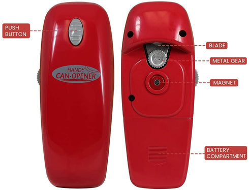 Hystrada Electric Can Opener - No Sharp Edge Handheld Can Opener - Battery Operated Can Opener - Easy One-Touch Operation Can Opener - Automatic Can Opener Works on All Types of Cans (Red)