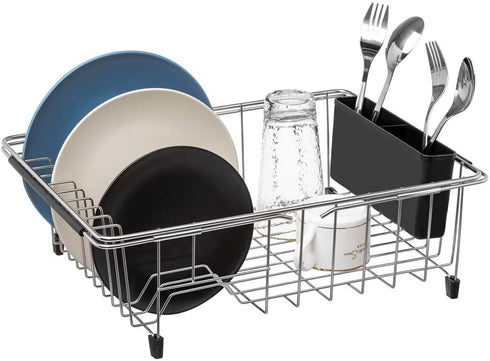 SANNO Large Expandable Dish Drying Rack with Removable Utensil Silverware Holder,Deep Large Dish Rack Over The Sink in Sink On Counter,Dish Drainers Stainless Steel