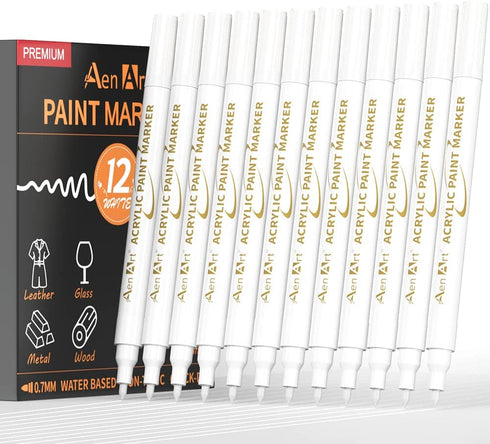 Acrylic Paint Pens, 12 Pack White Paint Pen for Rocks Painting | 0.7mm Acrylic Marker Pen for Stone Ceramic Glass Wood Plastic Glass Metal Canvas, Drawing