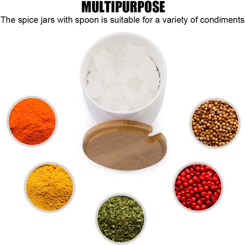 Ceramic Sugar Bowls with Bamboo Lids and Spoons-June Sky Muti-Functional Round Condiment Jar for Home- Spice Storage Canister,10.8 oz 320 ML,3 Pcs Set